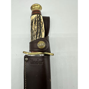 Linder 440 Bowie Knife Solingen Germany Stag Handle Brass Guard w/ Sheath